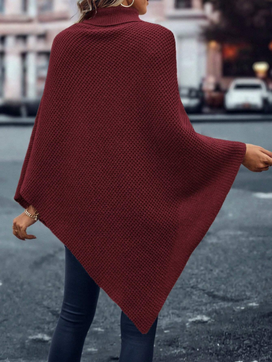 LUNE Turtleneck Batwing Sleeve Button Detail Asymmetrical Hem Poncho Sweater