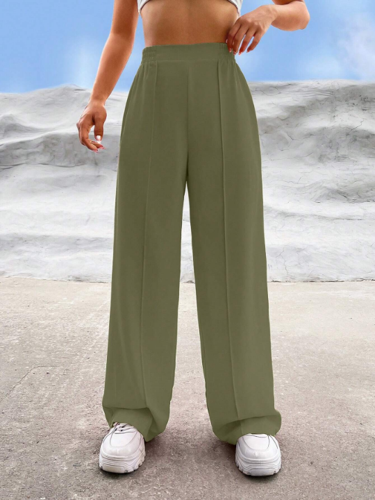 EZwear Solid High Waist Wide Leg Pants