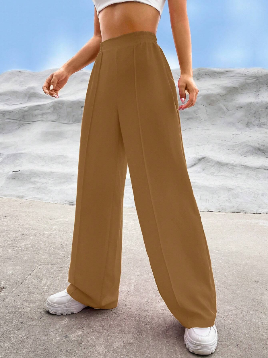 EZwear Solid High Waist Wide Leg Pants