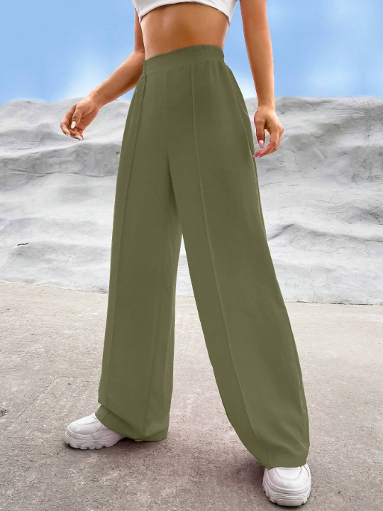 EZwear Solid High Waist Wide Leg Pants