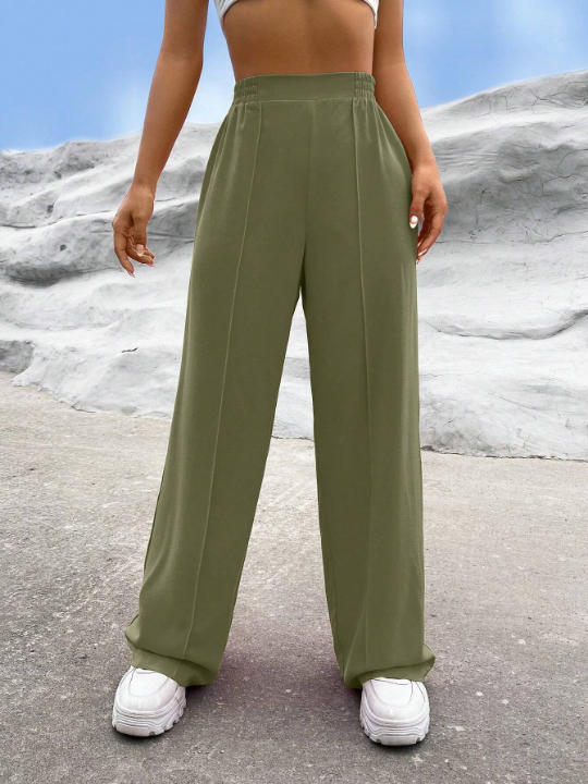 EZwear Solid High Waist Wide Leg Pants