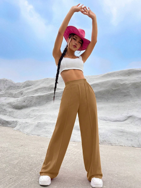 EZwear Solid High Waist Wide Leg Pants