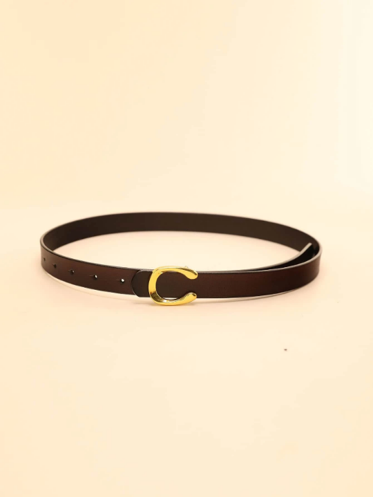 1pc Women's Coffee-Colored Cowhide Belt With Gold Flat C Pin Buckle Casual