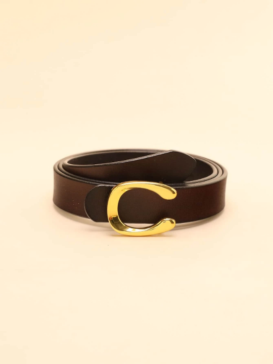 1pc Women's Coffee-Colored Cowhide Belt With Gold Flat C Pin Buckle Casual