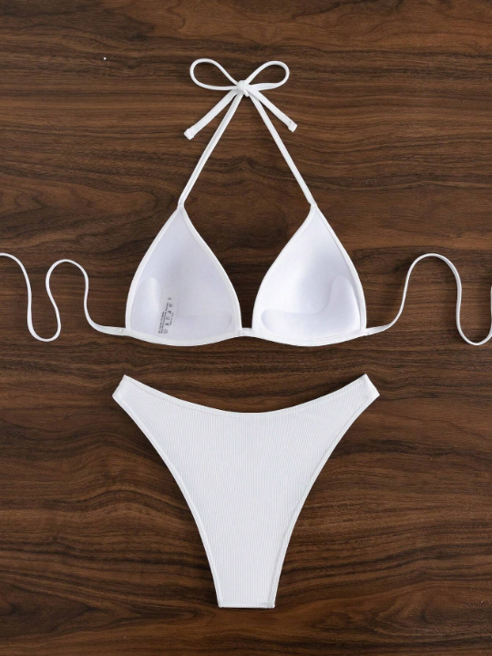 Swim Basics Solid Halter Triangle Bikini Swimsuit