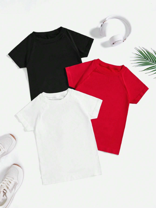 3pcs Solid Raglan Sleeve Sports Tee