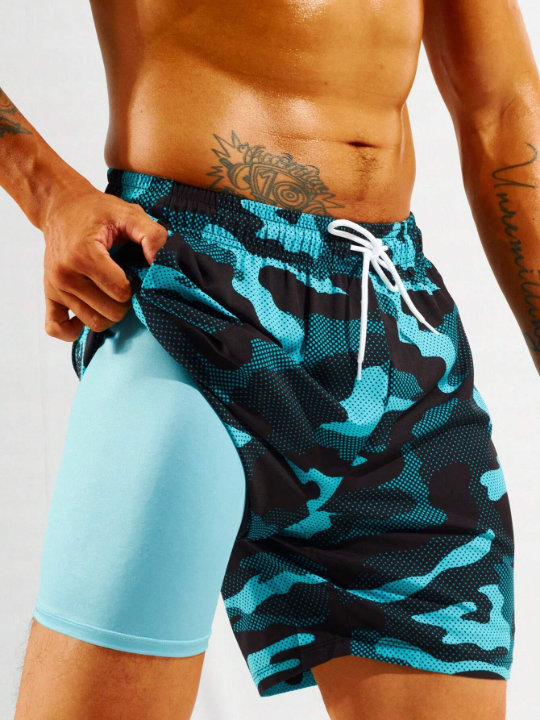 Manfinity Swimmode Men Camo Print Drawstring Waist Swim Trunks