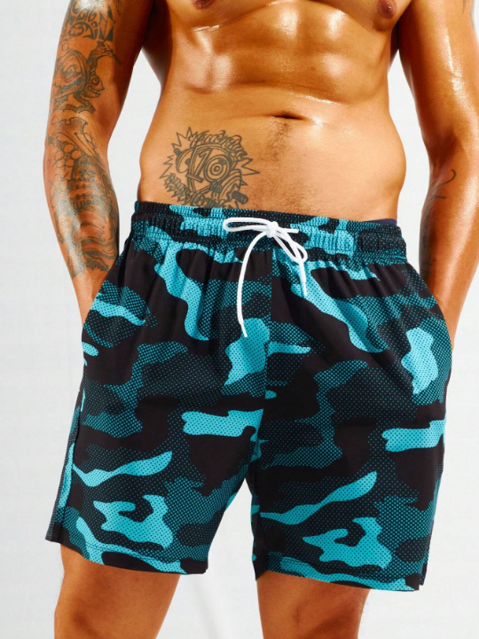 Manfinity Swimmode Men Camo Print Drawstring Waist Swim Trunks