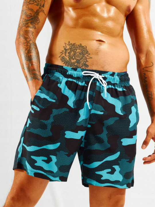 Manfinity Swimmode Men Camo Print Drawstring Waist Swim Trunks