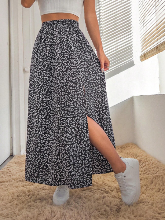 PETITE Ditsy Floral Print Split Thigh Summer Women Skirt