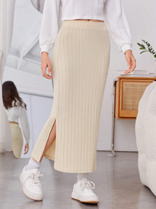 Teen Girls Split Hem Ribbed Knit Skirt