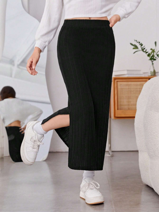 Teen Girl Split Ribbed Knit Skirt