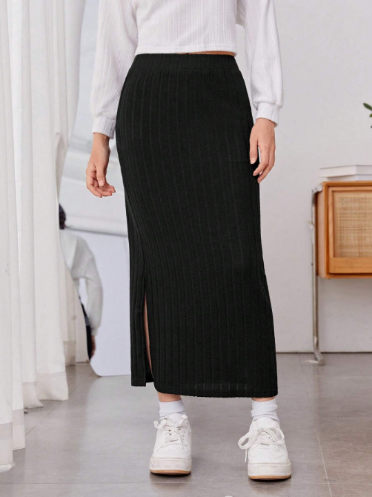 Teen Girl Split Ribbed Knit Skirt