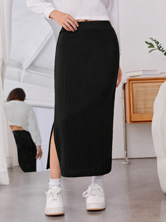 Teen Girl Split Ribbed Knit Skirt
