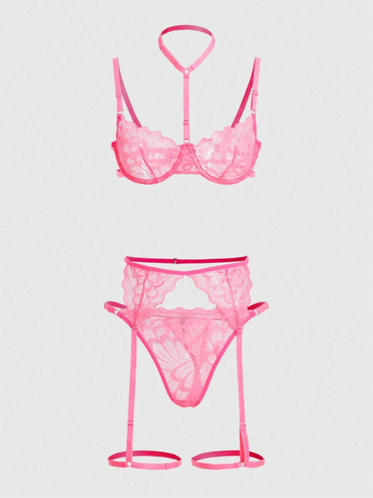 ROMWE Kawaii 3pack Floral Lace Underwire Garter Lingerie Set