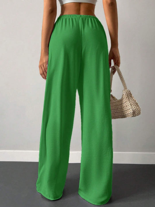 Cottnline Solid Elastic Waist Wide Leg Pants