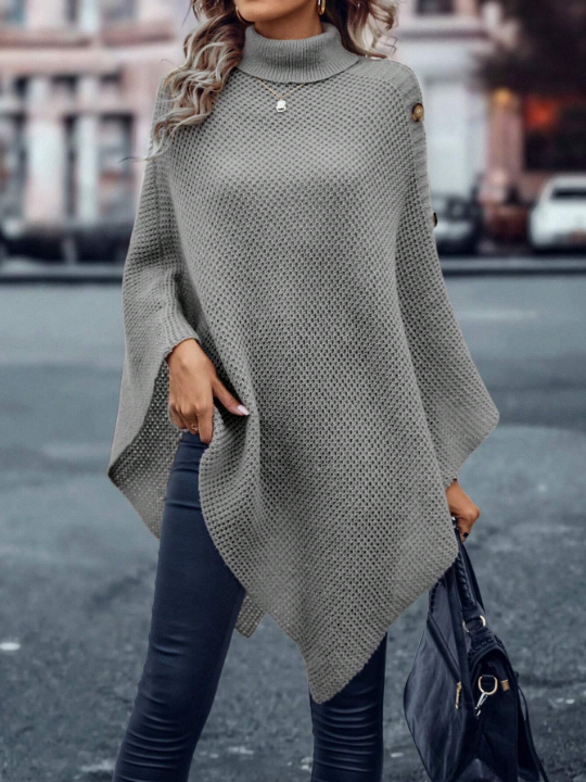 Clasi Turtleneck Batwing Sleeve Button Detail Asymmetrical Hem Poncho Sweater