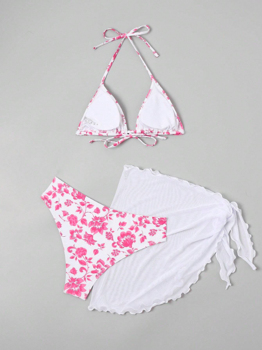 Swim Vcay Floral Print Halter Triangle Bikini Swimsuit With Beach Skirt