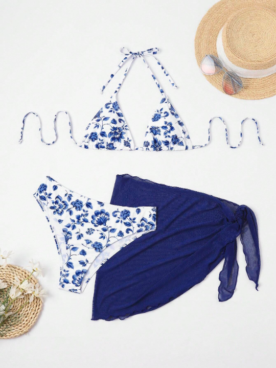 Floral Print Halter Triangle Bikini Swimsuit With Beach Skirt