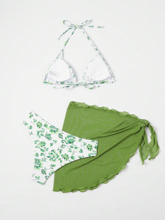 Swim Vcay Floral Print Halter Triangle Bikini Swimsuit With Beach Skirt