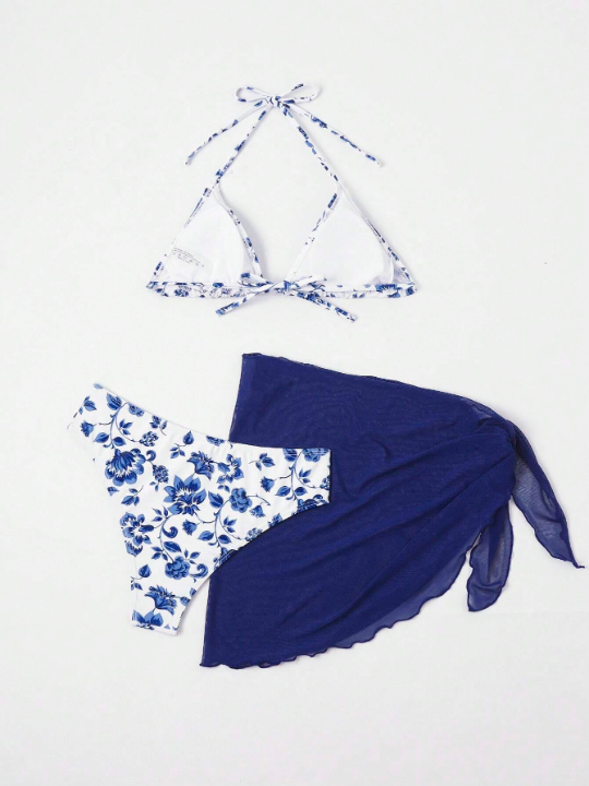 Floral Print Halter Triangle Bikini Swimsuit With Beach Skirt