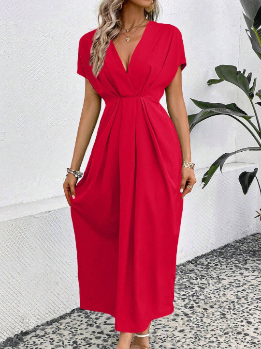 Solid Plunging Neck Fold Pleated Detail Dress