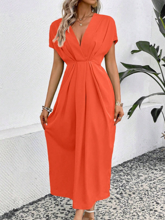 Solid Plunging Neck Fold Pleated Detail Dress