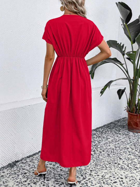 Solid Plunging Neck Fold Pleated Detail Dress