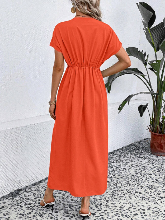 Solid Plunging Neck Fold Pleated Detail Dress