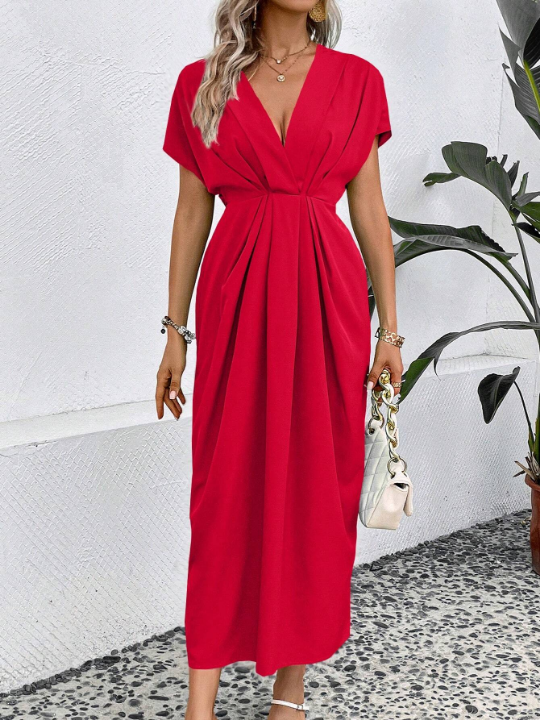 Solid Plunging Neck Fold Pleated Detail Dress