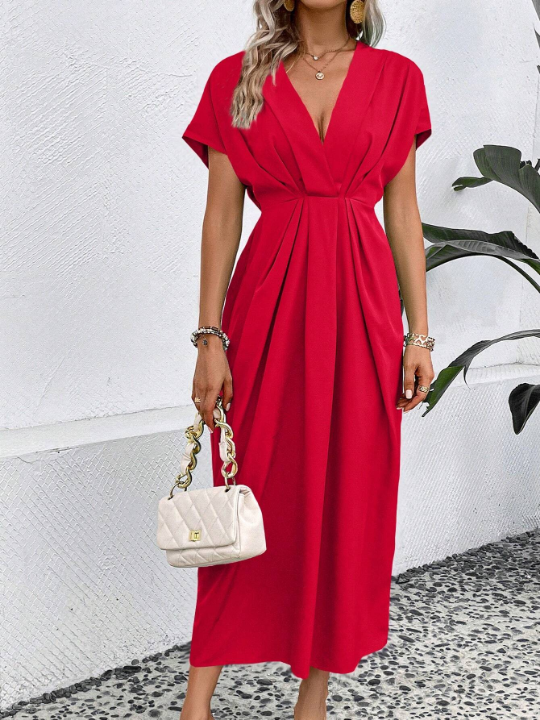 Solid Plunging Neck Fold Pleated Detail Dress