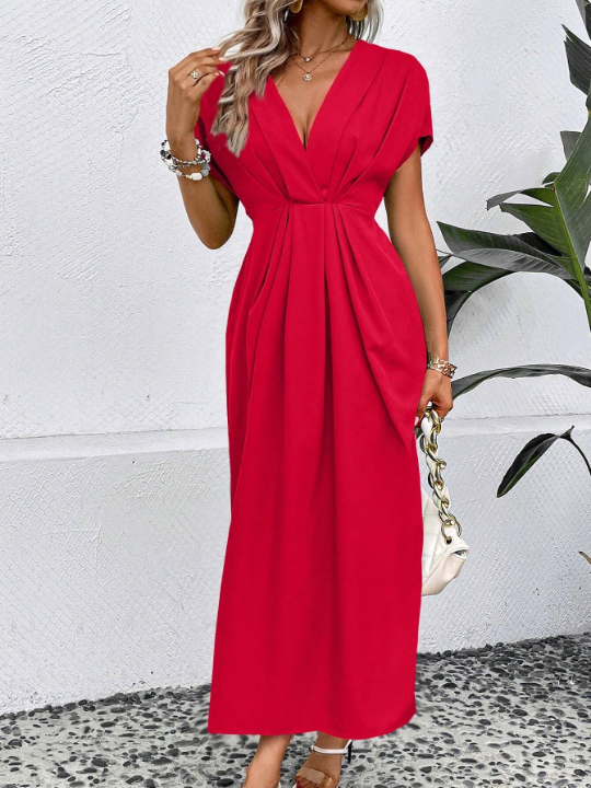 Solid Plunging Neck Fold Pleated Detail Dress