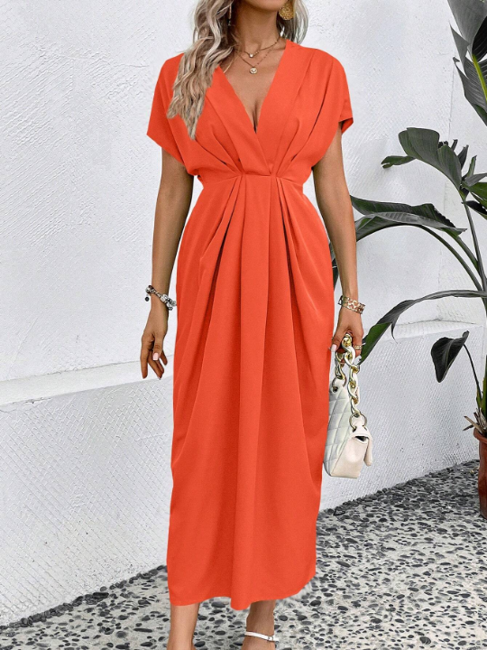 Solid Plunging Neck Fold Pleated Detail Dress