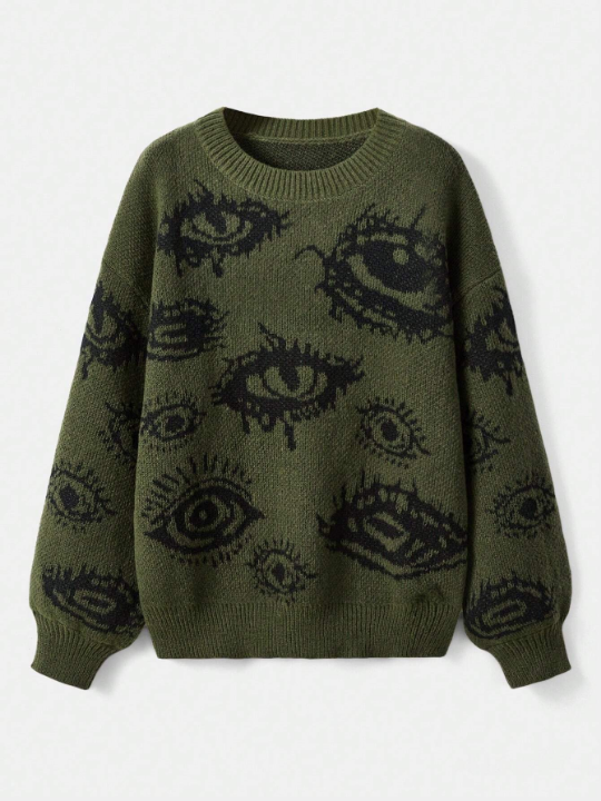 ROMWE Grunge Punk Eye Pattern Drop Shoulder Sweater