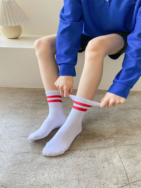 3 Pairs/set Red Blue Grey Striped Mid-calf Socks For Women's Casual & Sports Wear, Perfect Match For Shark Pants