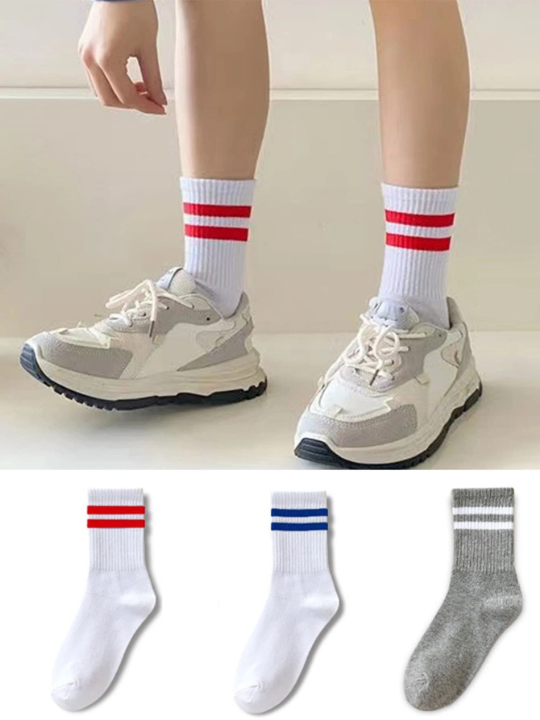 3 Pairs/set Red Blue Grey Striped Mid-calf Socks For Women's Casual & Sports Wear, Perfect Match For Shark Pants