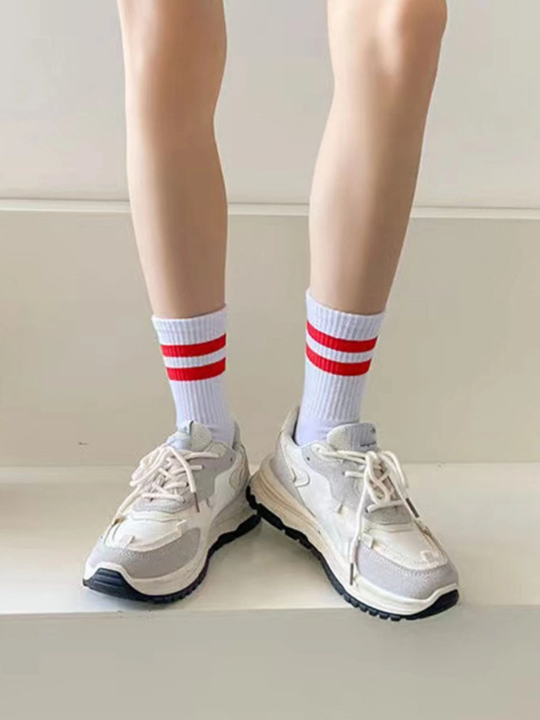 3 Pairs/set Red Blue Grey Striped Mid-calf Socks For Women's Casual & Sports Wear, Perfect Match For Shark Pants