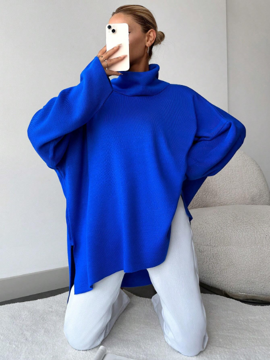 Frenchy Turtleneck Drop Shoulder Split Hem Sweater