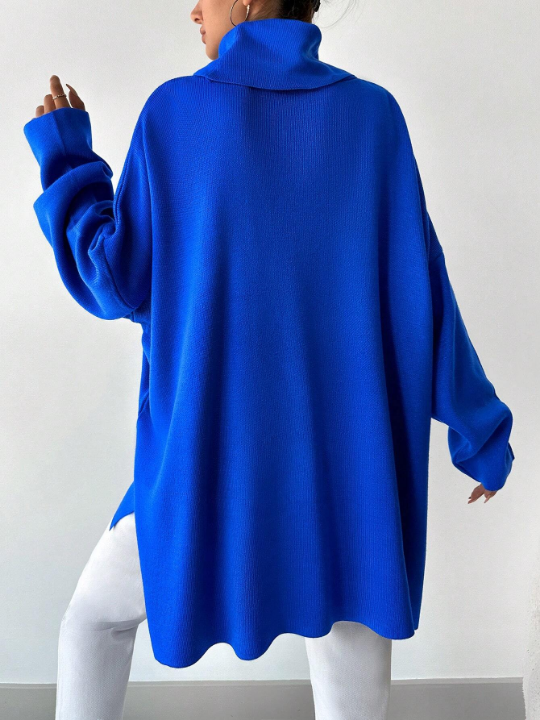 Frenchy Turtleneck Drop Shoulder Split Hem Sweater