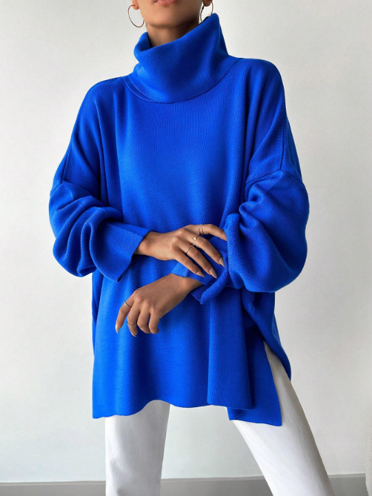 Frenchy Turtleneck Drop Shoulder Split Hem Sweater