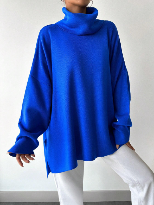 Frenchy Turtleneck Drop Shoulder Split Hem Sweater