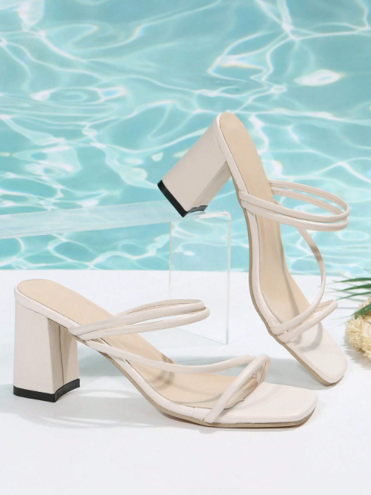 Simple Block Heel Mules, New Style Fashionable Square Toe High Heel Sandals