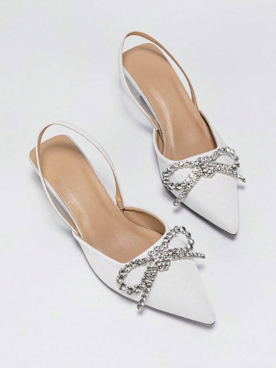 Women's Fashionable Pointed Toe Rhinestone Butterfly Decoration Stiletto High Heels, White - Perfect For Party
