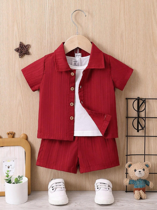 Baby Boy Solid Button Front Shirt & Shorts Without Tee