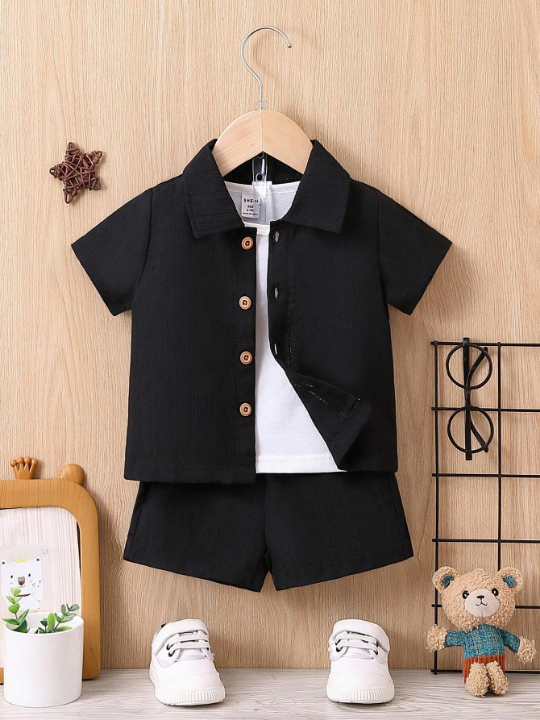 Baby Boy Solid Button Front Shirt & Shorts Without Tee