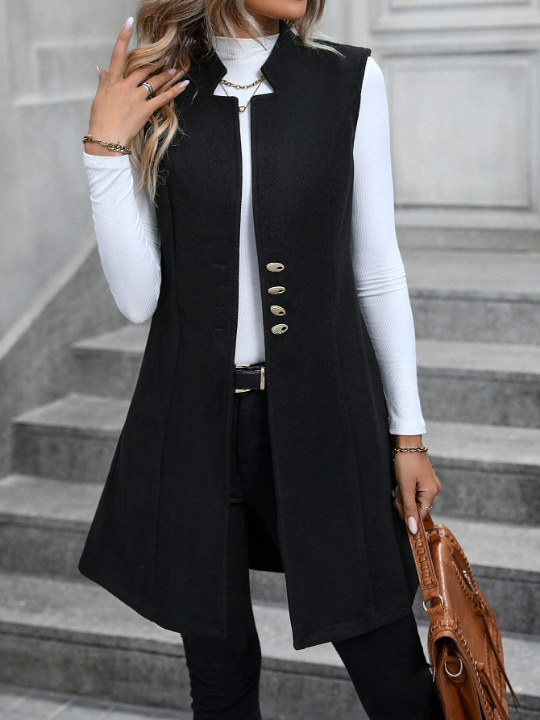 Solid Button Front Vest Overcoat