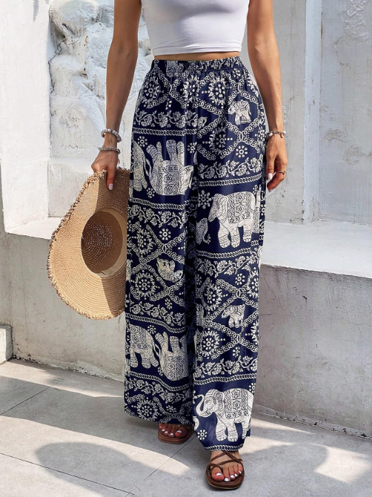 Frenchy Elephant Print Wide Leg Pants