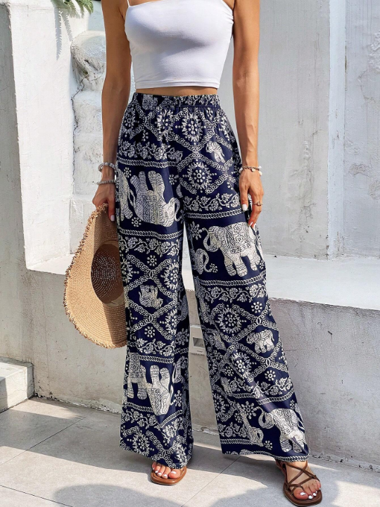 Frenchy Elephant Print Wide Leg Pants