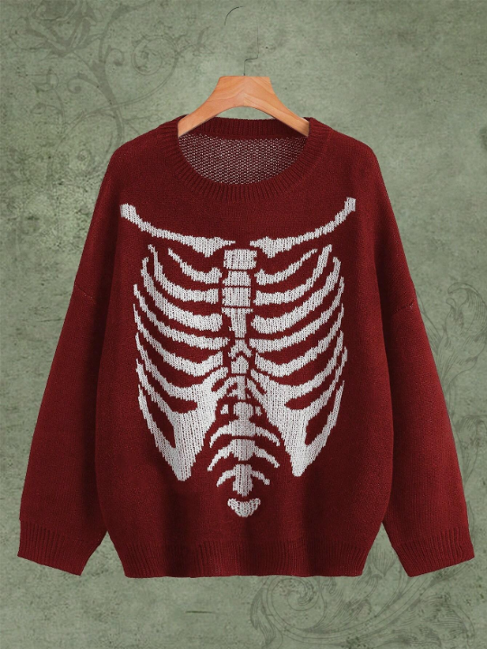 ROMWE Goth Skeleton Pattern Drop Shoulder Sweater