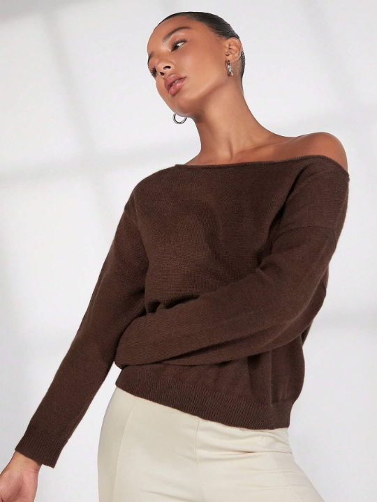 BASICS Solid Asymmetrical Neck Drop Shoulder Sweater